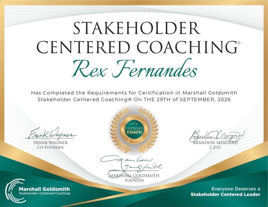 Marshall Goldsmith Stakeholder Centered Coaching certification awarded to Rex Fernandes, 29 September 2026